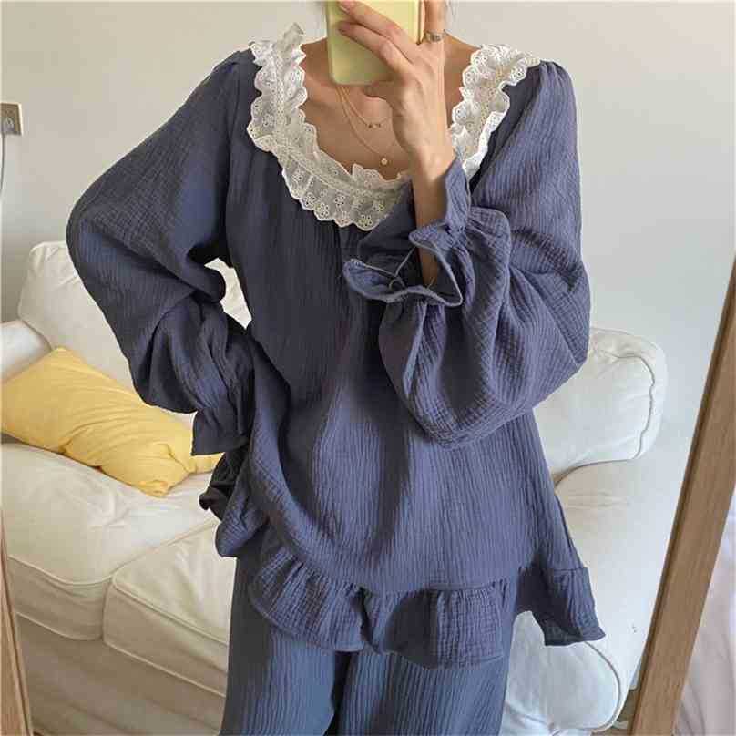 

Nightwear Pullover Two Pieace Suit Warm Solid Homewear Soft Casual Loose Fashion Long Sleeves Pajamas Sets 210525, Blue