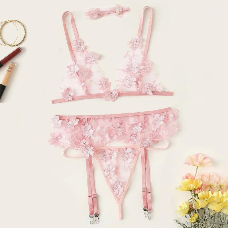 

Sexy Embroidered Women's Lace Two Piece Underwear With Spaghetti Strap Open Back Girl Bra Set Beautiful Temptation #GH Bras Sets