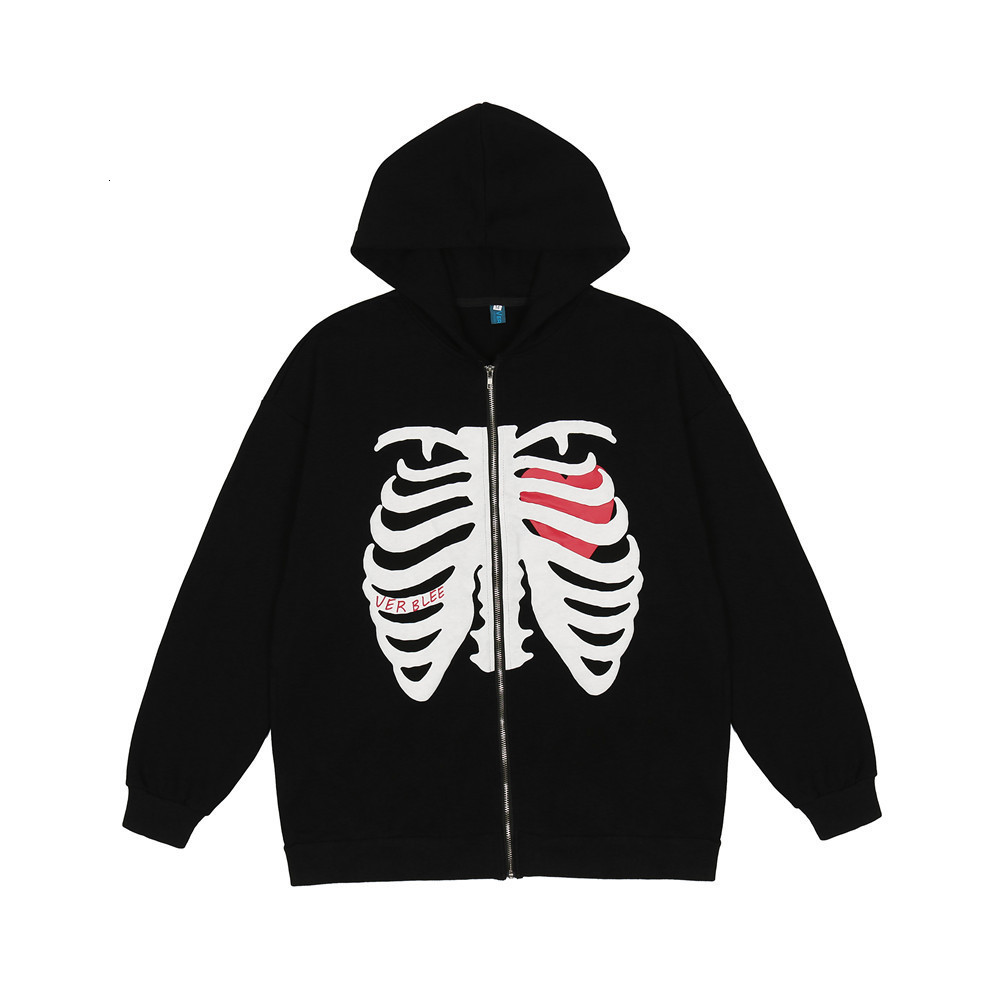 

Sweatshirts Dark wind skeleton printing zipper coat mens street fashion brand loose cardigan Hooded Sweater Hoodie, White