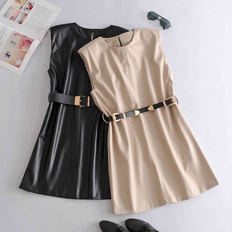 

Casual Dresses NEW Summer 2 color Metal belt Mini O-Neck Sexy Slim Waist imitation leather dress 1DHC, Black