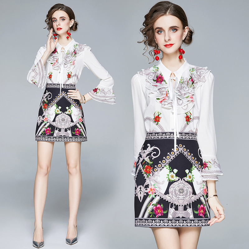 

Two Piece Dress Spring women's style ruffled collar flared sleeve shirt printing half skirt suit U5C1, White