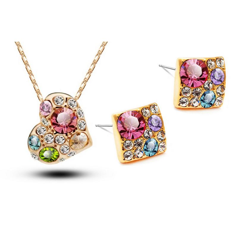 

Earrings & Necklace Rose Gold-color Crystal Wedding Bridal Heart Color Jewelry Sets Wholesales Fashion For Women, Silver