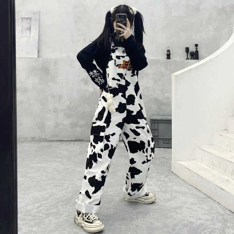 

HOUZHOU Hippie Cow Print Jumpsuits Harajuku Cow Patterned Trousers Korean Style Overalls Casual Baggy Wide Leg Pants Spring 211006, Pic