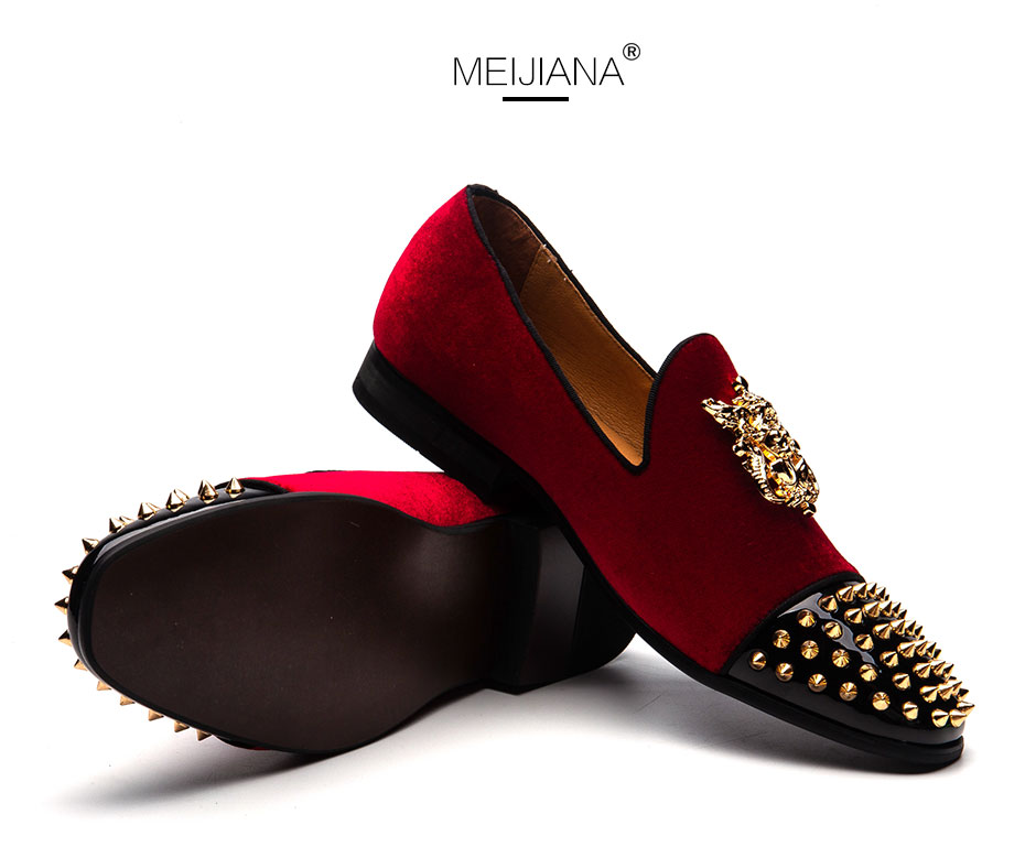 

Summer Men's Velvet Rivet Loafers Nightclub Party Mens Casual shoes Smoking Slippers Oxfords Man Wedding shoe Driving Flats, Red