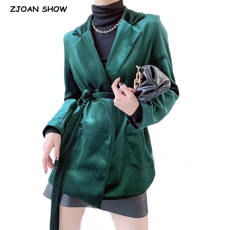 

Autumn Winter Tie Bow Velvet Blazer CHIC Women Velour Mid Long Office Lady Suit OL Coat Outwear 210429, Green