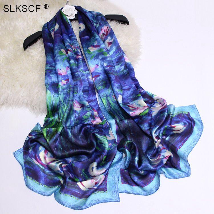 

Scarves [SLKSCF] 180X65CM Fashion 100% Silk Muslim Hijabs Floral Printing Scarf Women Design Long Capes