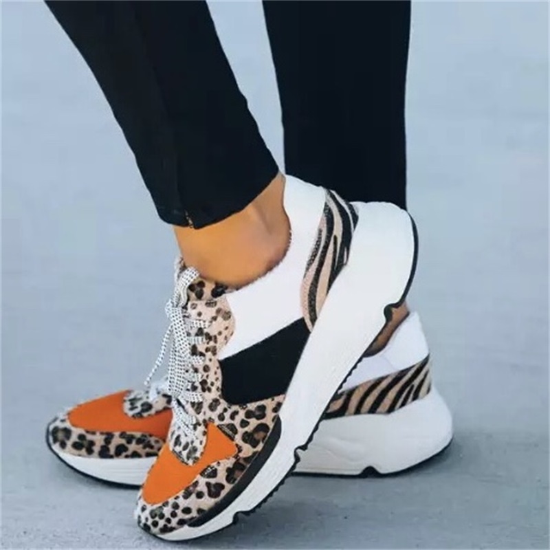 

Woman Sneakers Fashion Thick Platform Leopard Print Trainer Women Vulcanized Shoes Plus Size Casual Breathable Flats Women Shoes, Black;white