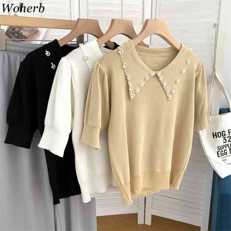 

Pearl Beading Knitted T Shirt Tops Women Summer Short Sleeve All Match Pullover Solid Slim Korean Fashion Female T-shirt 210519, White