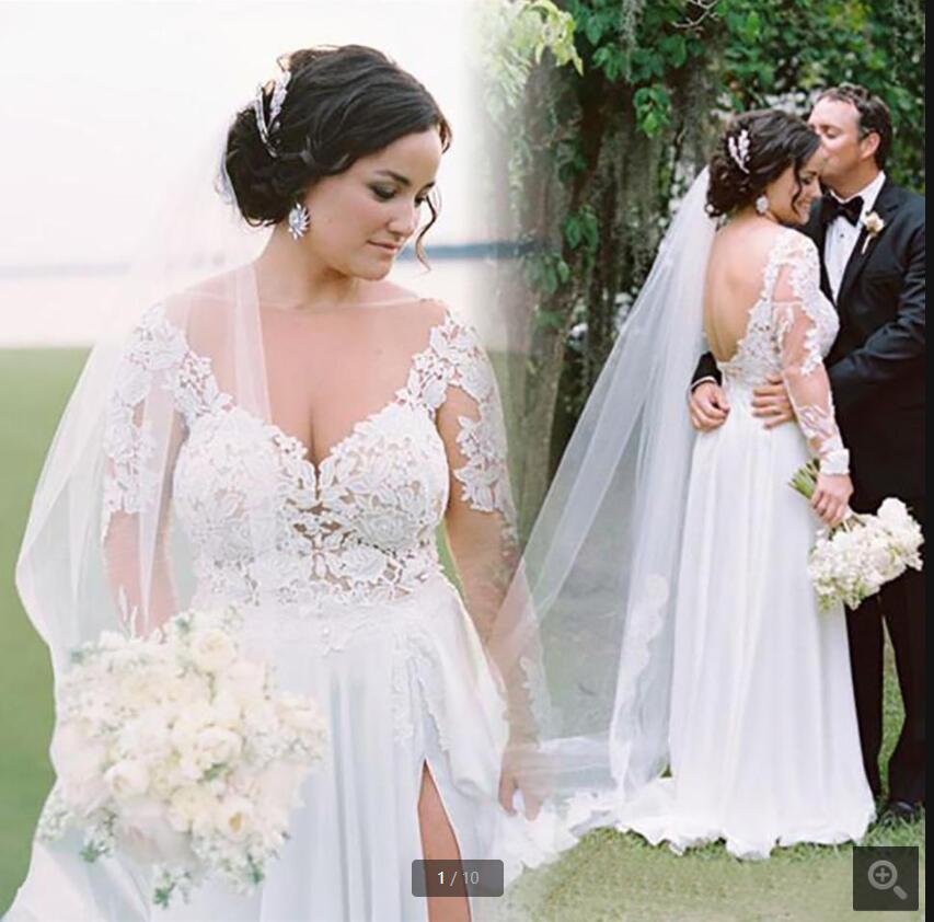 

2021 Plus Size Bohemian Wedding Dress Long Sleeves Sheer Neckline A Line Beach Bridal Gowns Chiffon Side Split backless sexy summer bride Dresses on sale, Red