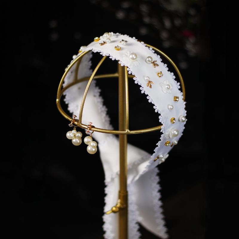 

Headpieces Elegant Fashion Women Girl Satin Lace Edge Head Band Pearl Rhinestone Handmade Headdress For Wedding Party Travel Daily Life V67