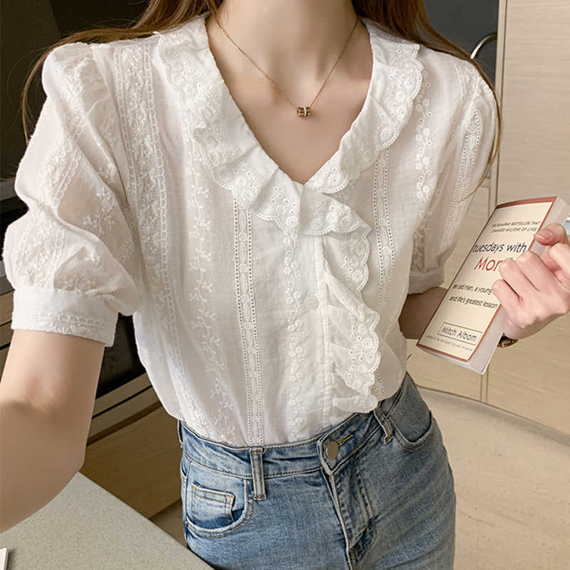 

Thin Ruffles Floral Lace White Shirt Women Vintage Womens Clothes Summer Tops Button Blouse Korean Fashion Chemisier Femme 210615