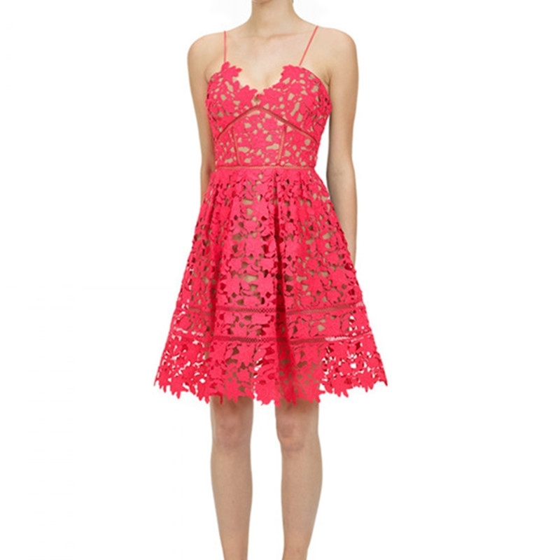 

High Quality Women Runway Red Dress arrival Holow Out spaghetti strap Lace Sexy Backless Party es Vestidos 210520, Photo color