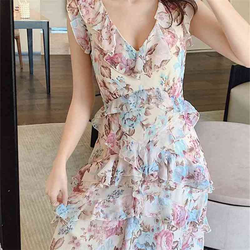 

Boho Printed Ruffles Dresses Woman V-neck Sleeveless Summer Clothing Vestidos Beach Elegant Maxi Dress For Women 210603, Clear