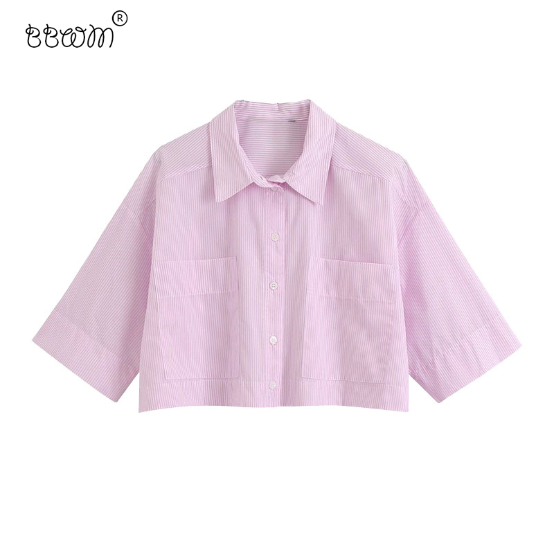 

Women Fashion Striped Loose Cropped Blouses Vintage Short Sleeve Pockets Shirts Female Chic Oversized Tops 210520, As picture