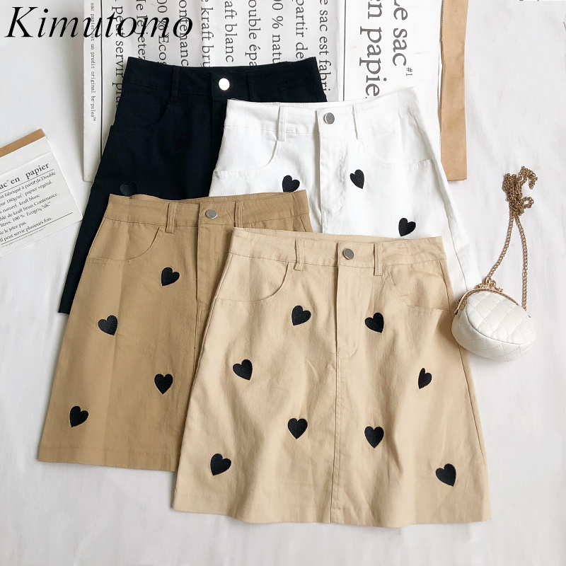 

Kimutomo Chic Skirt Women Spring Summer Korean Sweet Heart Embroidery High Waist Slim A-line Mini Skirt Casual 210521, White