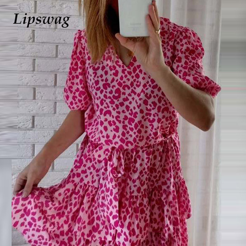 

fashion o neck ruffle a-line party dress 2021 summer female short sleeve loose dress women casual pink leopard print mini dresshigh quality, Black;gray