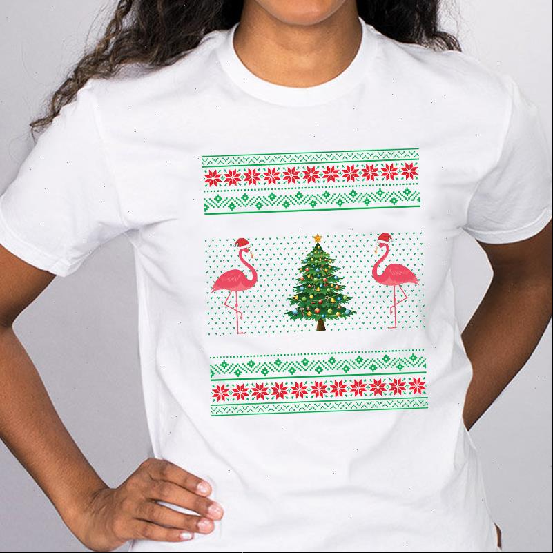 

Womens T Shirts Women Graphic Flamingo Short Sleeve Printing Merry Christmas Tees Clothing Clothes Print Tops Lady Female Shirt, White
