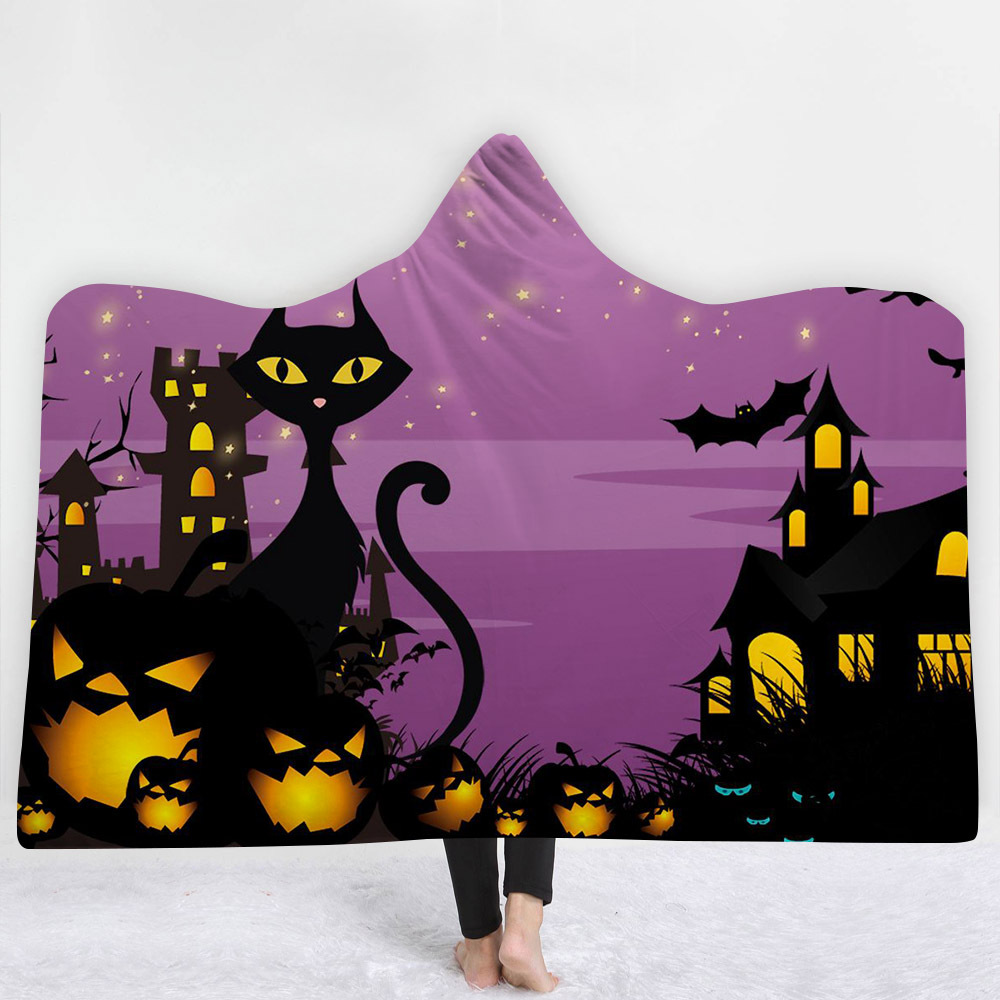 

Child Adults Halloween Blanket Sherpa Fleece Home Warm Hooded Blankets Evil Witchers Castles Wearable Children Kids Gift