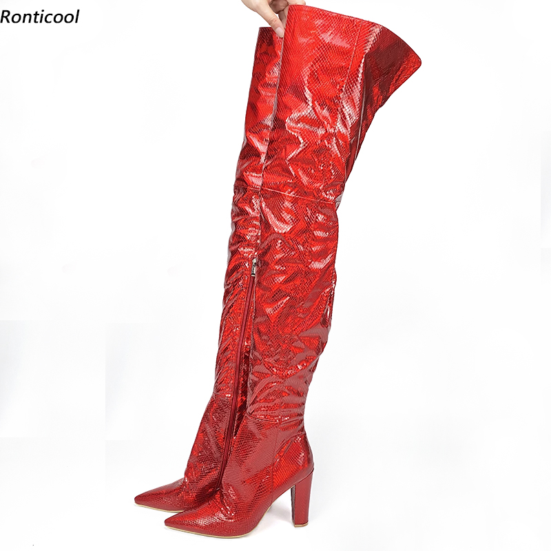 

Rontic Women Winter Thigh High Boots Block Heels Snake Pattern Pointed Toe Gorgeous Red Club Wear Shoes Women Plus US Size -15, D3299 red