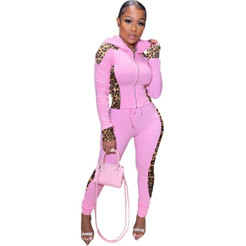 

Women's Two Piece Pants Sweat Pant Suits Set Women Zipper Hooded Tops Outfits Autumn Leopard Patchwork Casual Hoodies Tracksuit, White