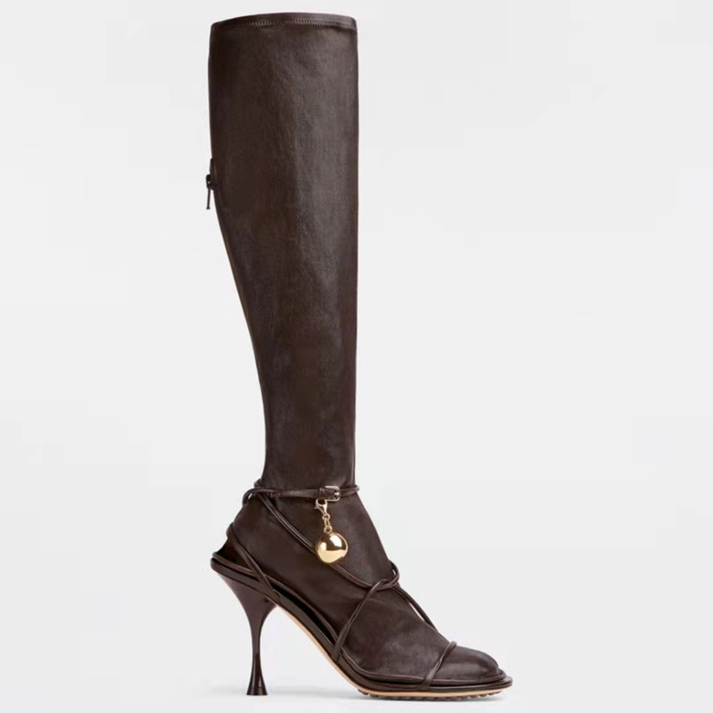 

Designer Women Autumn 2021 Knee High Boots Metal Chain Bell Pattern Winter Fashion Boot Removable Elastic leather Socks Shoes Woen, Black