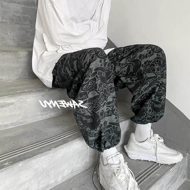 

Men's Pants Falling Wide-leg Men Women Casual Streetwear Hong Kong Style Hip-hop Sports Loose Punk Drawstring Cropped Trousers, Black