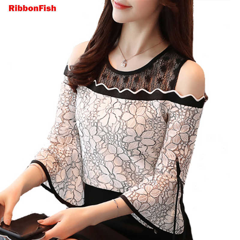 

Women Spring Summer Style Lace Chiffon Patchwork Blouses Shirts Lady Half Flare Sleeve Off Shoulder O-Neck Blusas DF1415 210609, White