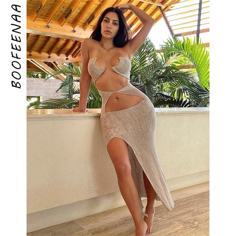 

Casual Dresses BOOFEENAA Beach Vacation Style Knitted Maxi For Women 2021 Halter Backless Bodycon Dress With Cutouts High Slit C83-CB24, Black