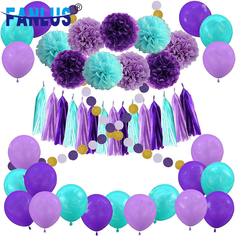 

55pcs/Set Artificia Paper Fower Pompoms Decor Birthday atex Baoons Decoration Mermaid Party Baby Shower Boy Gir Favors