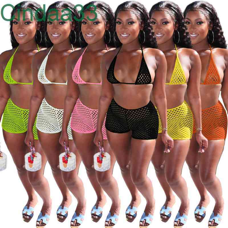 

Summer Women Three Piece Pants Set Designer Tracksuits Slim Sexy Hollow Bikini Mesh Bra Shorts Swimsuit Beachwear Plus Size Swimwear, Orange