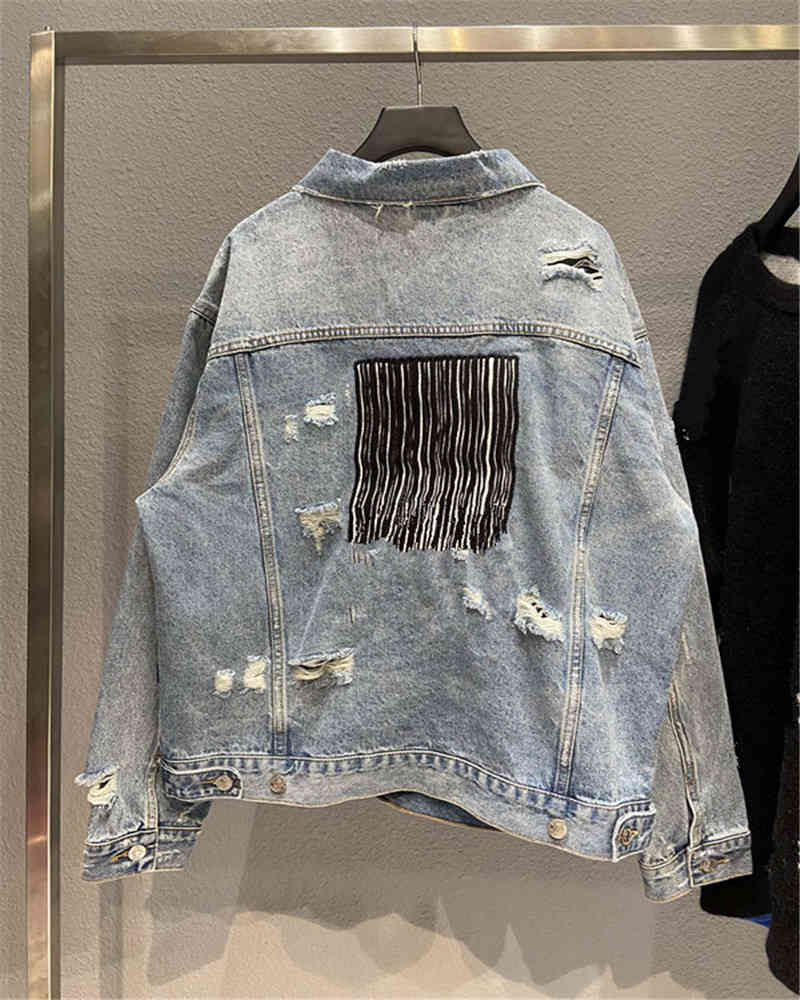 

Men's Jackets High version 21 English letter bar code double-sided three-dimensional embroidered couple wash water worn hole cowboy coat P9YP, Wash water blue