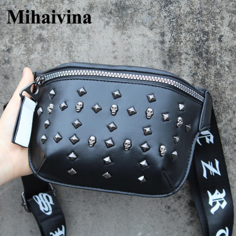 

Waist Bags Women Fanny Pack Punk Rivet Men Leather Chest Bag Small Messenger Brand Designer Shoulder Female Black