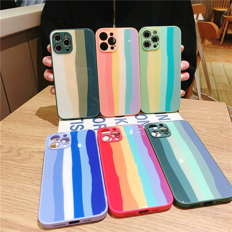 

rainbow phone Cases Camera Protect Shockproof for iPhone 12 Mini 11 Pro X XS Max XR case Silicone glass CellPhone Cover, Mixed color