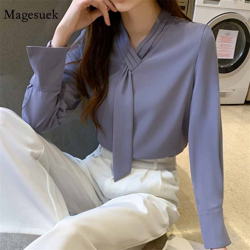

Plus Size Autumn V-neck Fashion Elegant Blouse Loose Pullover Flare Long Sleeve Chiffon Tops Solid Purple Shirt 11378 210518, Picture