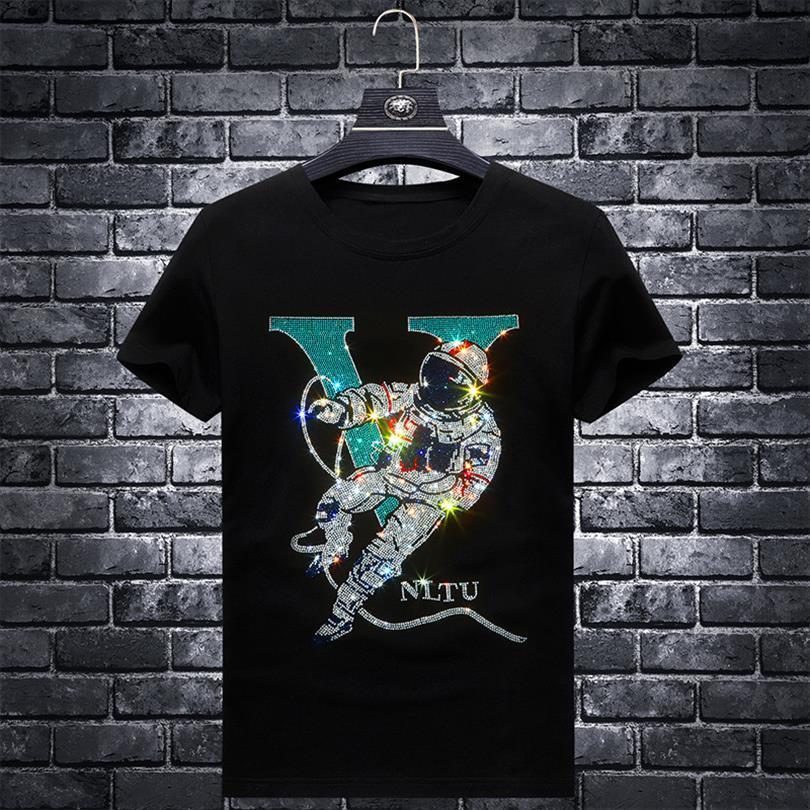 

Plus Size 7xl Letter Rhinestones Men T Shirts Brand Short Sleeve Man Streetwear O Neck Slim Modal Cotton Tshirts, White