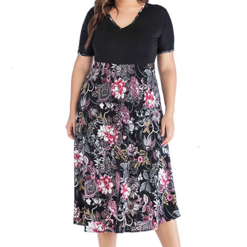 

Casual high Summer Dresses waisted crew neck short sleeve print patchwork dress large women's wear, Black