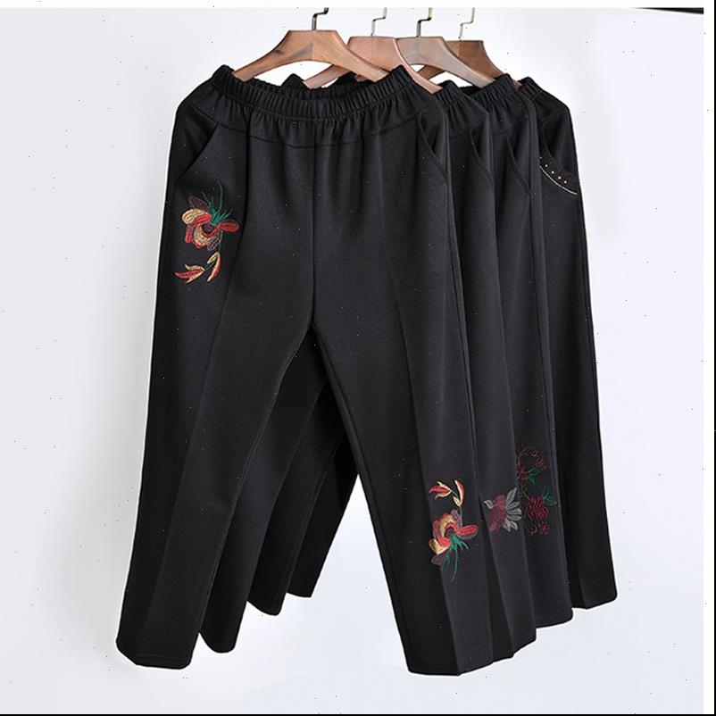 

middle aged womens capris women warm plus velvet straight pants fashion casual elastic waist loose large size grandma female trousers, Black;white