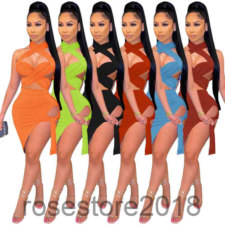 

Women Two Piece Dress summer New Fashion women's Solid color sexy Hollow out wrinkle bag chest hanging neck midi skirt Two-piece sets, White