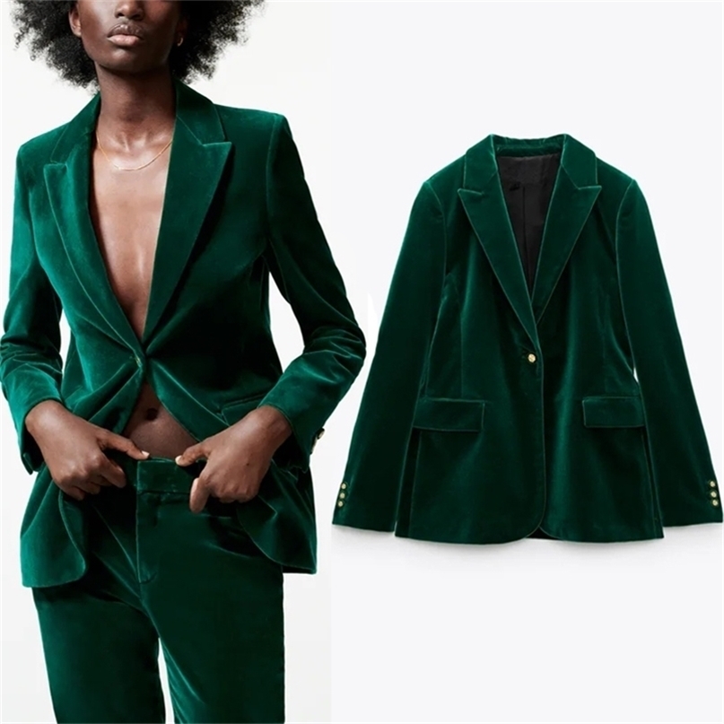 

TRAF Za Green Velvet Blazer Women Vintage Elegant Female Autumn Fashion Long Sleeve Button Jacket Woman Office Suit 211109, Velvet pants
