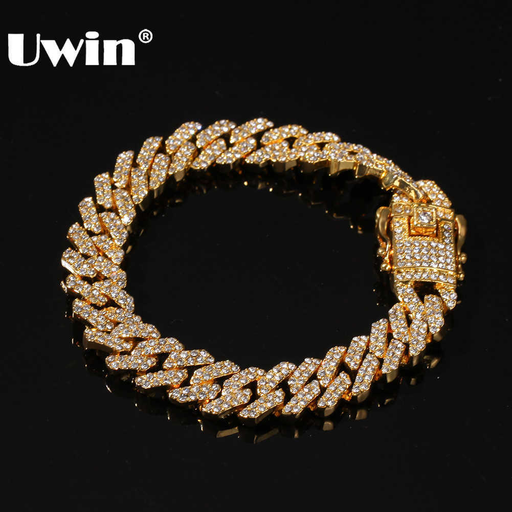 

UWIN 12mm Bling S-Link Miami Cuban Bracelets Gold Color Full Iced Rhinestones Hiphop Mens Bracelet Fashion Jewelry 210609