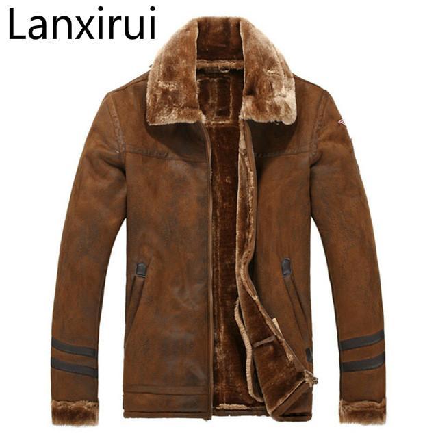 

Men's Fur & Faux Mens Vintage Leather Jackets Suede Fleece Warm Winter Casual Coat Parkas For Male X005, Khaki