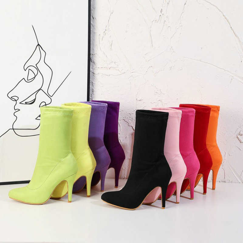 

solid color purple orange pink yellow sexy socks booties thin high heels ankle stilettos boots big size 33-48 210611, Red