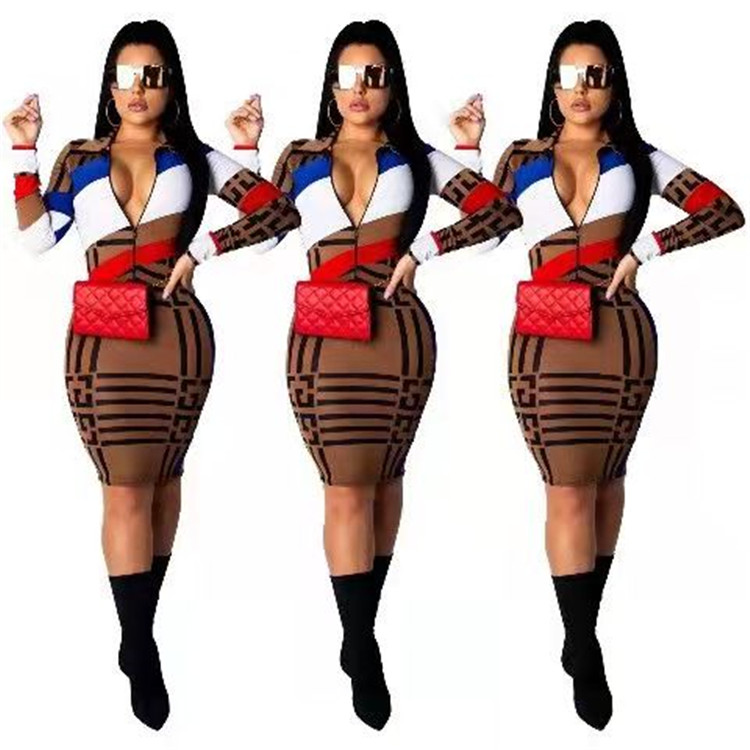 

Casual Dresses zip print long-sleeved dress fashion woman Designers Clothes