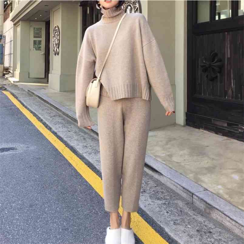 

Autumn Winter knitted tracksuit turtleneck sweatshirts women clothing 2 piece set knit pant female pants 210519, Picture color