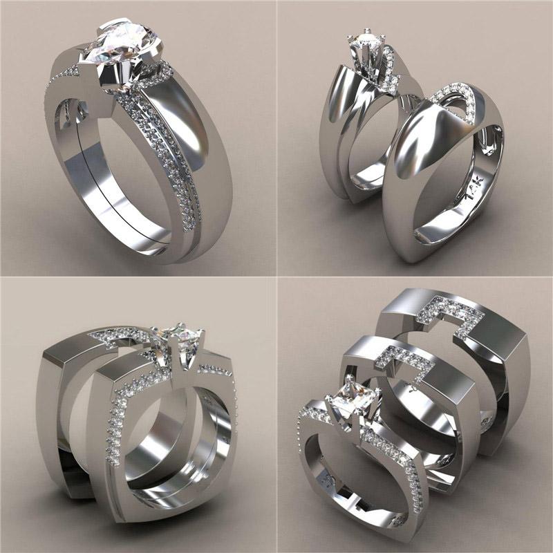 

Cluster Rings Brand Female Crystal Wedding Ring Set Luxury Silver Color Engagement Vintage Bridal For Women