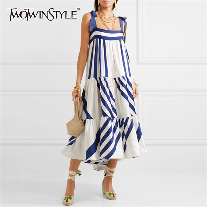 

Striped Spaghetti Strap Dress Summer Clothes For Women Streetwear Boho Sleeveless A Line Elegant Long Dresses 210520, Blue