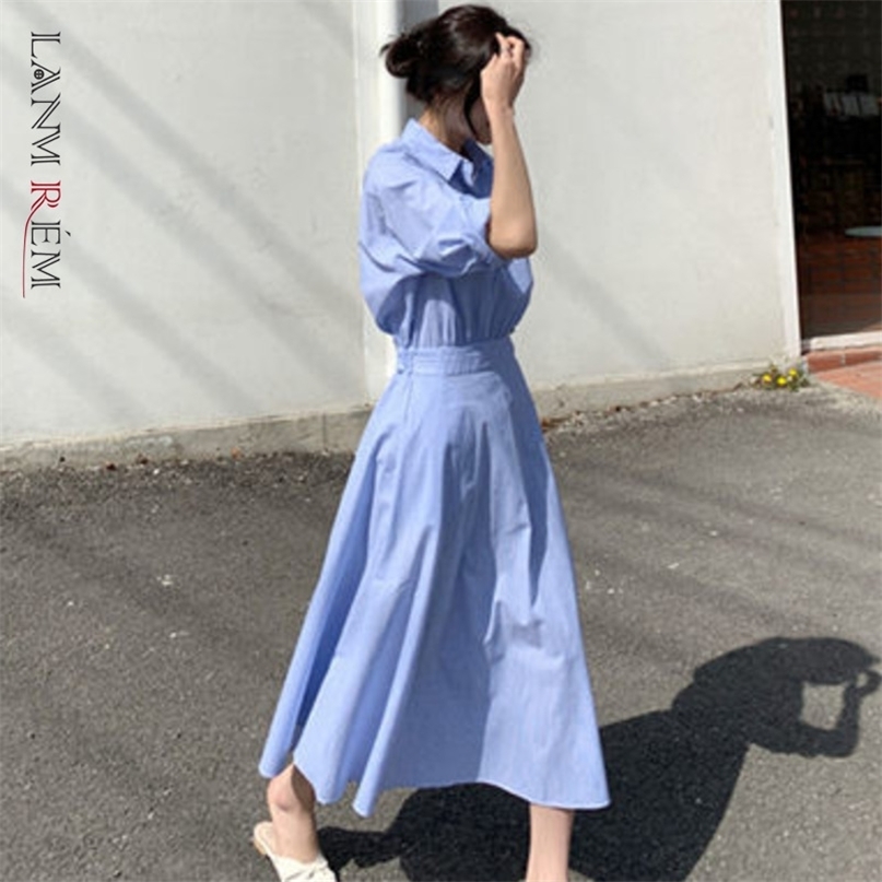 

Summer Striped Dress Lapel High Waist A-line Shirt Dresses Blue Color Temperament Female Fashion 2H191 210526