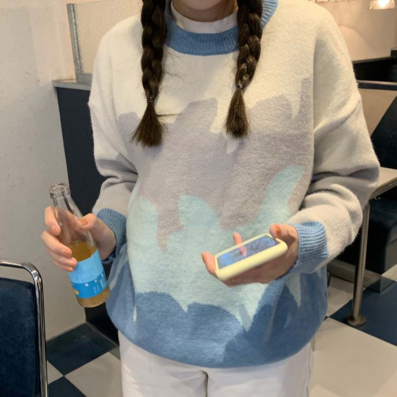 

2 colors Korean style 2021 loose Knitted warm Sweaters Women patchwork Rabbit fur soft women sweaters and pullovers (F1468, White;black