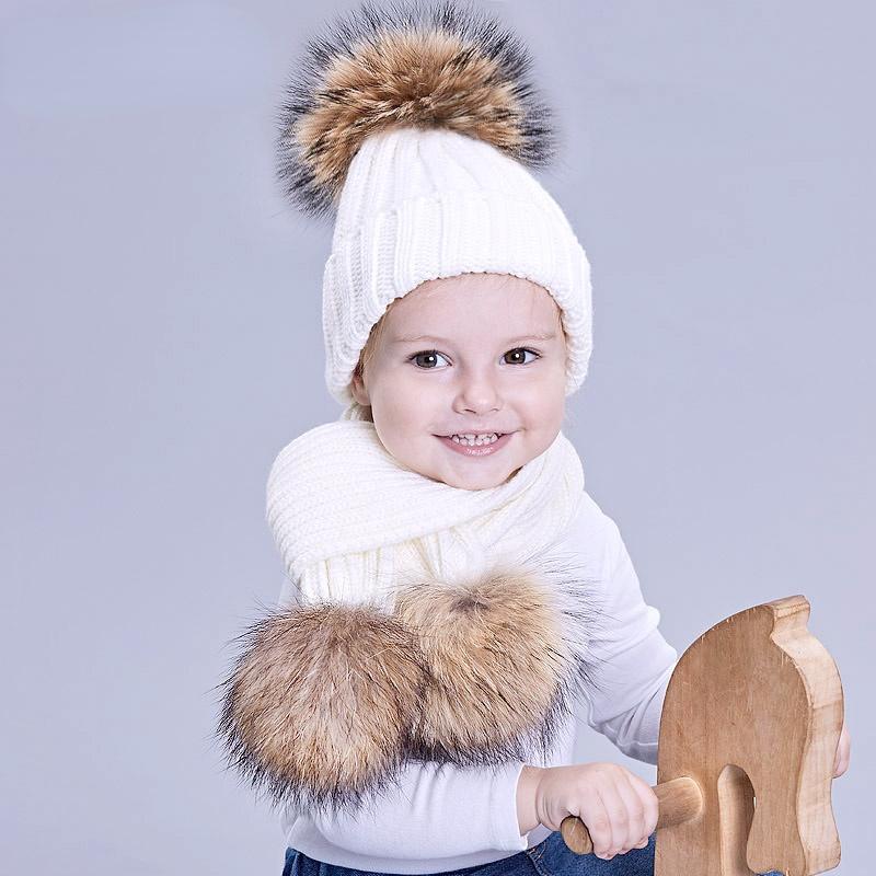 

Hats, Scarves & Gloves Sets Girl Pompon Hats And Winter Knitted Warm Nature Fur Pom Hat Scarf Thick Beanies Caps Kids Baby Solid Bones