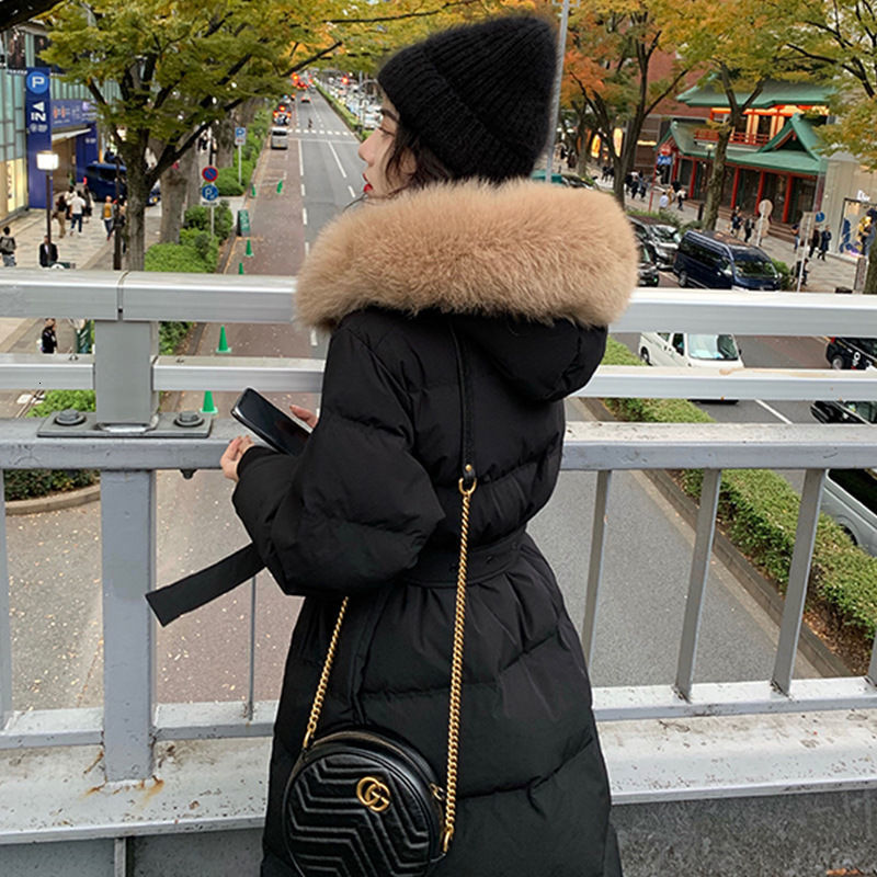 

Women's Down & Parkas Winter Women Big Natural Fur Collar White Duck Jacket Female Thick Coat Hooded Elastic Waist Long S129 1YBT, Black